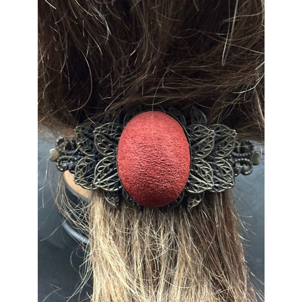 Vintage Black Metal Red Velvet Center Oval Hair Barrett Length 4 Inches